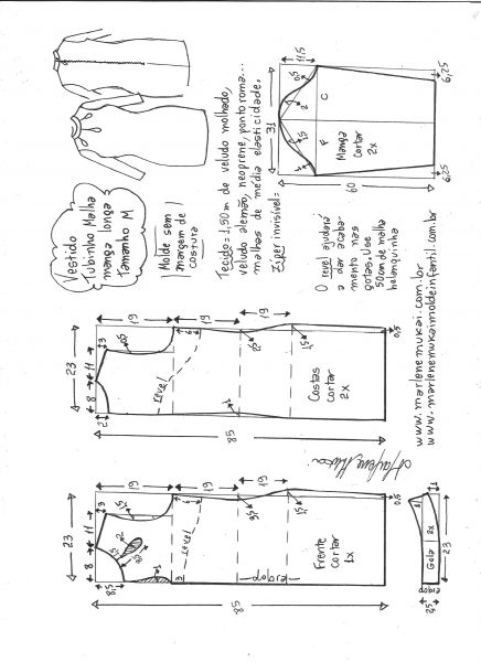 Esquema de modelagem de vestido tubinho malha manga longa tamanho M.