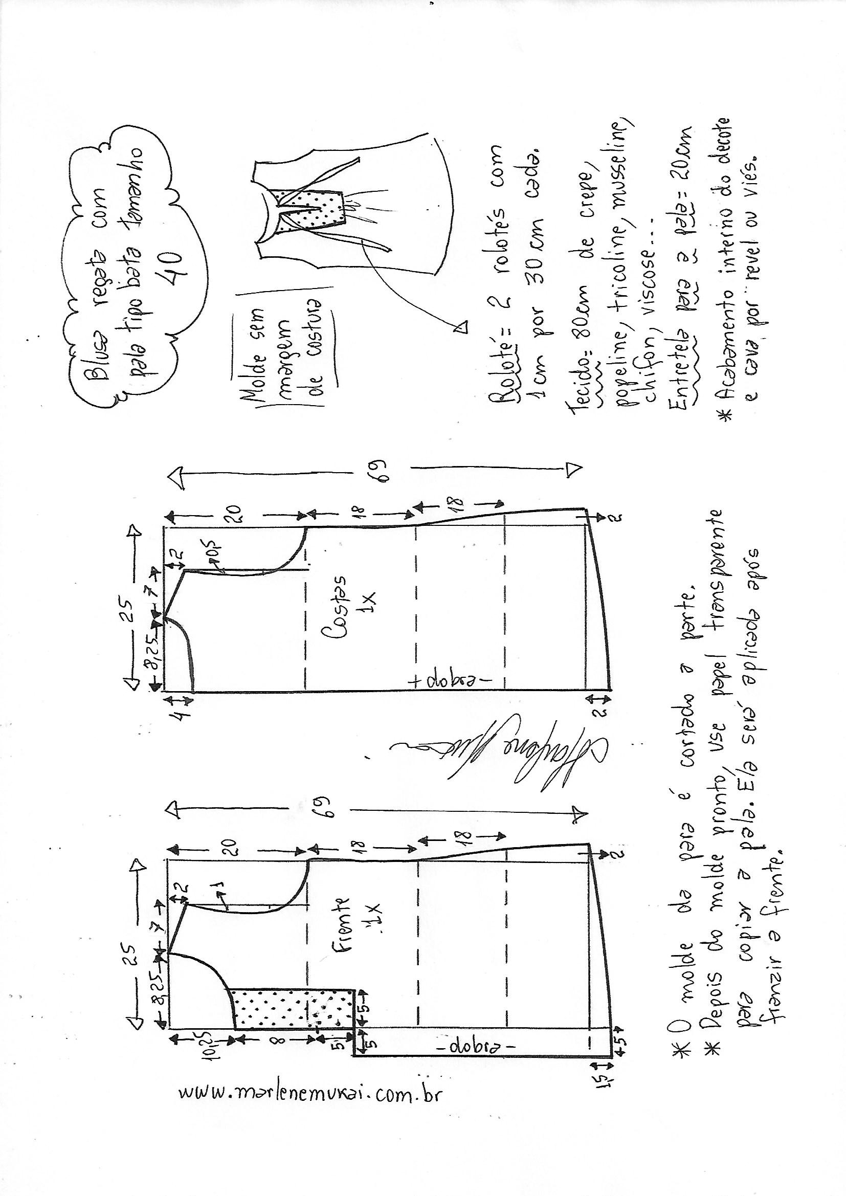 Esquema de modelagem de blusa bata com pala vertical Esquema de modelagem de blusa bata com pala vertical do tamanho 36 ao 56. Foto Pinterest.