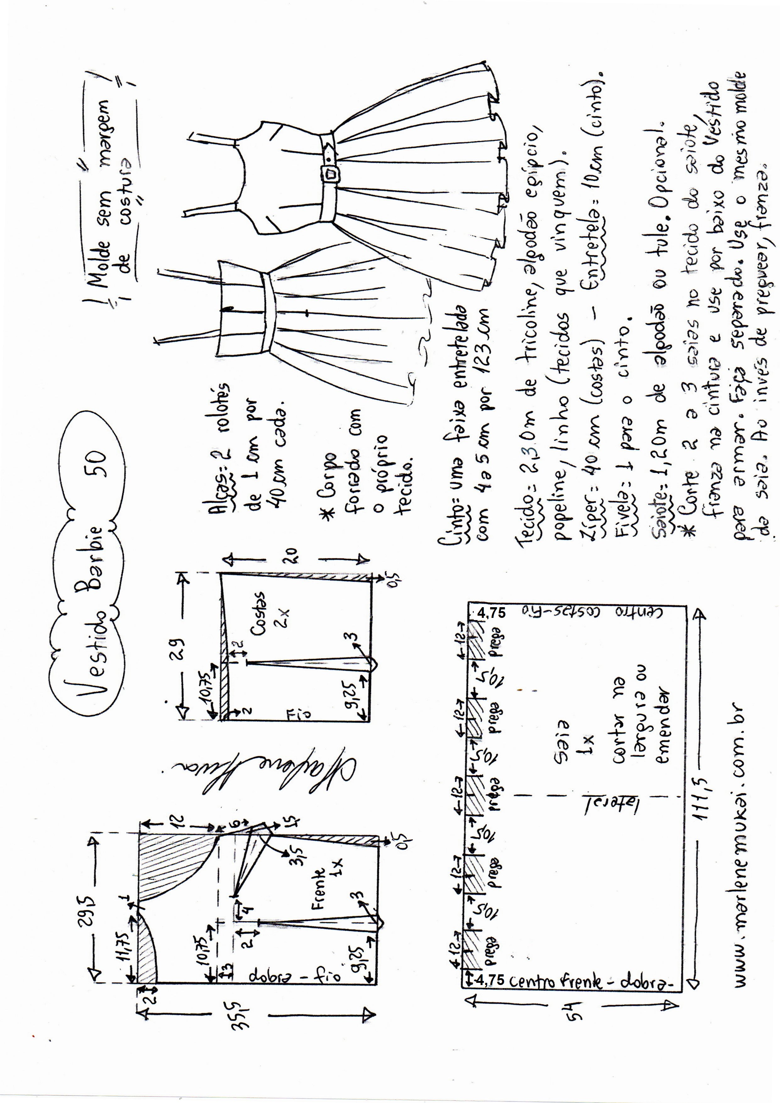 Esquema de modelagem de vestido de alcinhas com pences e pregas do tamanho 34 ao plus size 62.